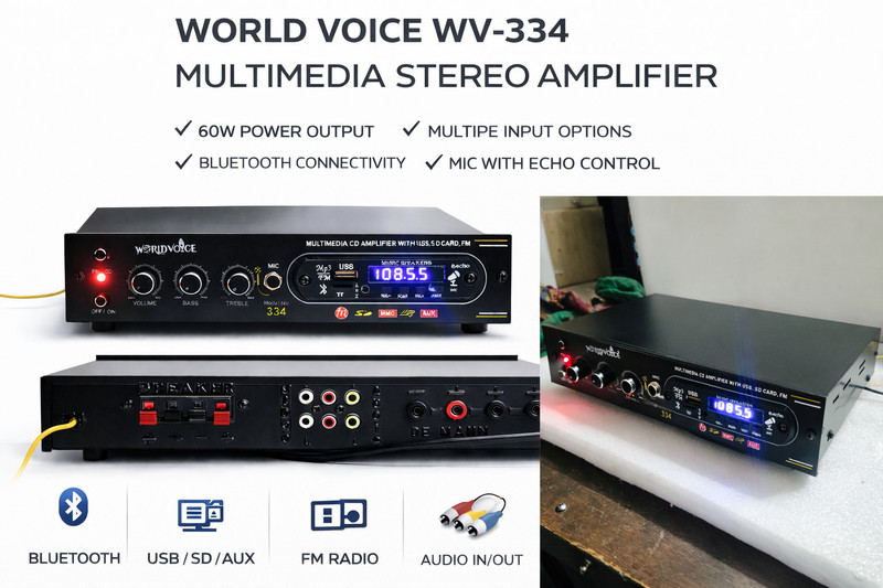 world voice Prime Series BT Multimedia Amplifier BT/USB/FM/MP3/SD-MMC/AUX/MIC 4440 Double IC 160 W AV Power Amplifier(Black)