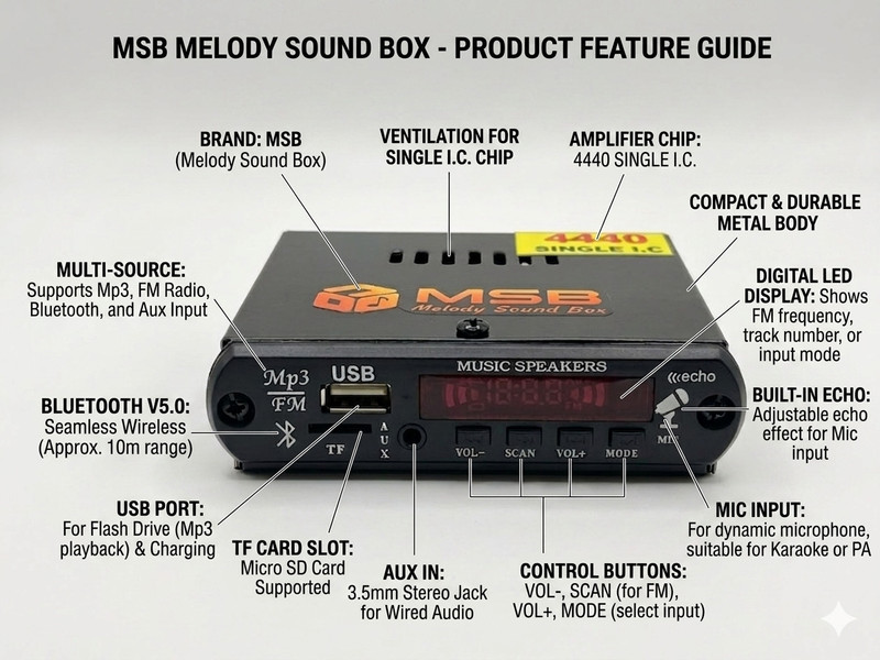 MSB MINI UNIVERSAL MEDIA PLAYER FOR ALL TYPES OF VEHICLES ( 2,3&4 wheelers) 12 W AV Control Amplifier(Black)