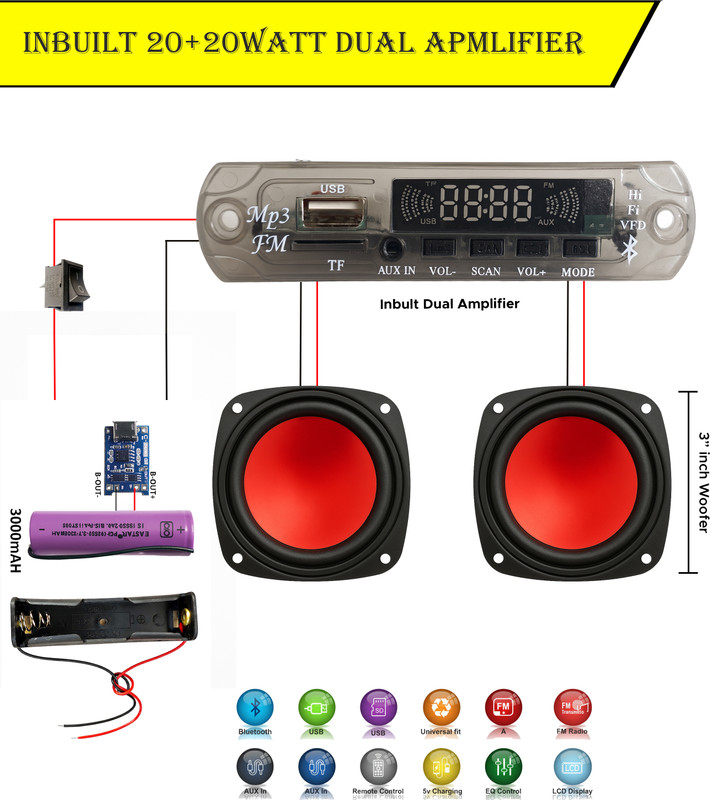ots world DIY Bluetooth Complete Stereo MP3 Panel Inbuilt Dual Amplifier, Woofer Speaker 60 W AV Power Amplifier(Multicolor)
