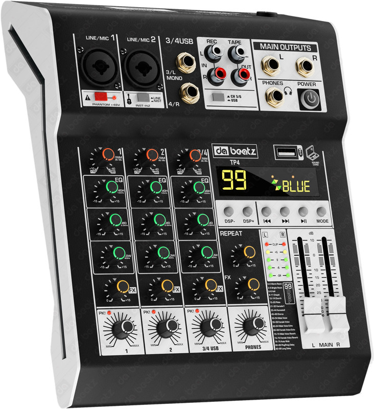 Da.Beatz. 4 Channel TP-4M Audio Mixer XLR/TRS USB BT 48V Phantom 99 DSP FX Aux Output 220 W AV Control Receiver(Black)