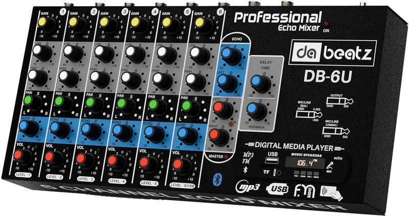 Da.Beatz. 6-Channel Professional mixer DB-6U Digital Sound Mixer & Audio Interface USB,BT 220 W AV Control Receiver(Black)