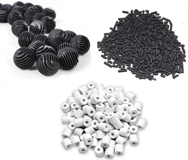 KickAt 250g Activated Carbon, 250g White Ceramic Ring + 20 bio Ball 3 In 1 Filter Media Aquarium Filter Cartridge(bio media filter, Pack of 3)