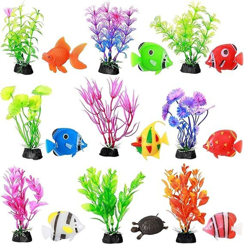 AKSHAT ENTERPRISES Aquarium Decoration combo kit for Artificial Colorful 9 Plants,9 Fish Tank Decor River Rock Unplanted Substrate(Multicolor, 0.1 kg)