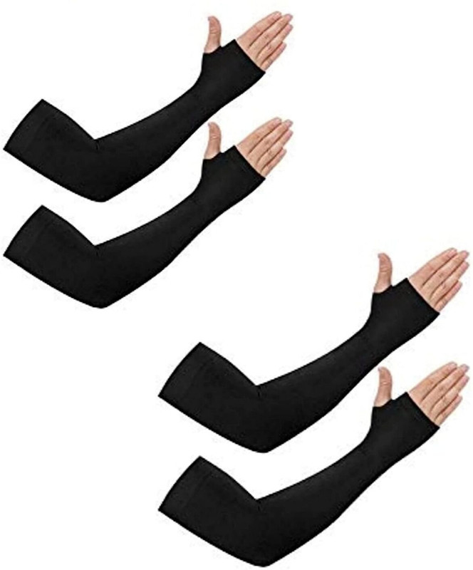 Khargadham Black UV Sunblock protection with Thumb Hole Arm Sleeves for Unisex Cycling Gloves(Black-02 Pair, 4 Pieces)