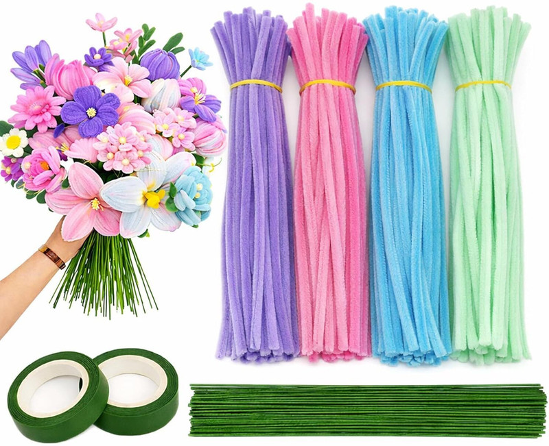 ASIAN HOBBY CRAFTS 200 Pcs Pastel Pipe Cleaners for Flowers with Floral Tape & Wire