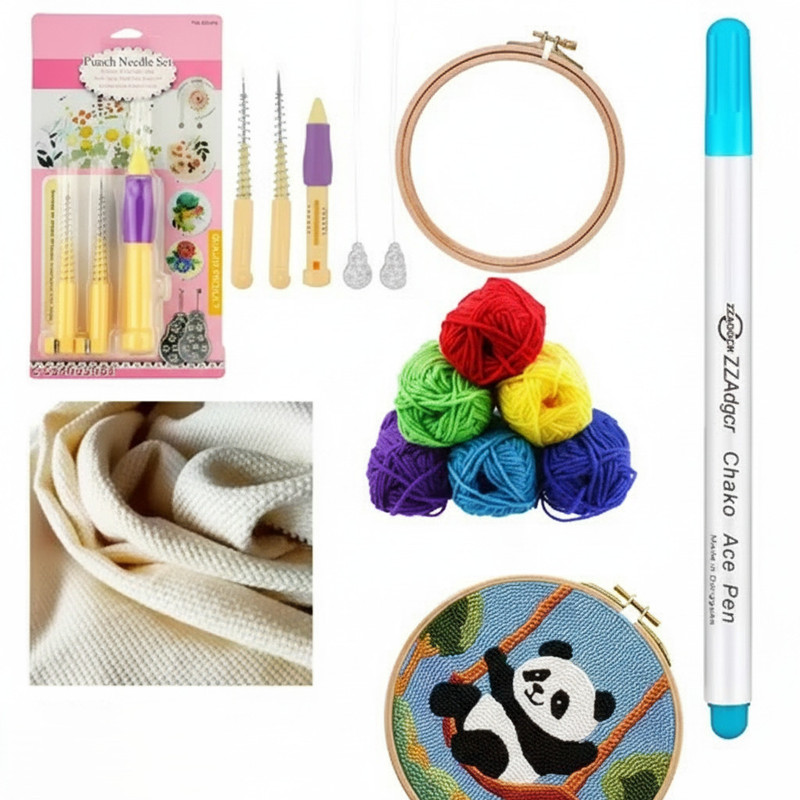 KHUSHA CREATIONS Punch Needle Kit with Wooden Hoop,Yarn Balls,Marker Pen & Cloth Combo