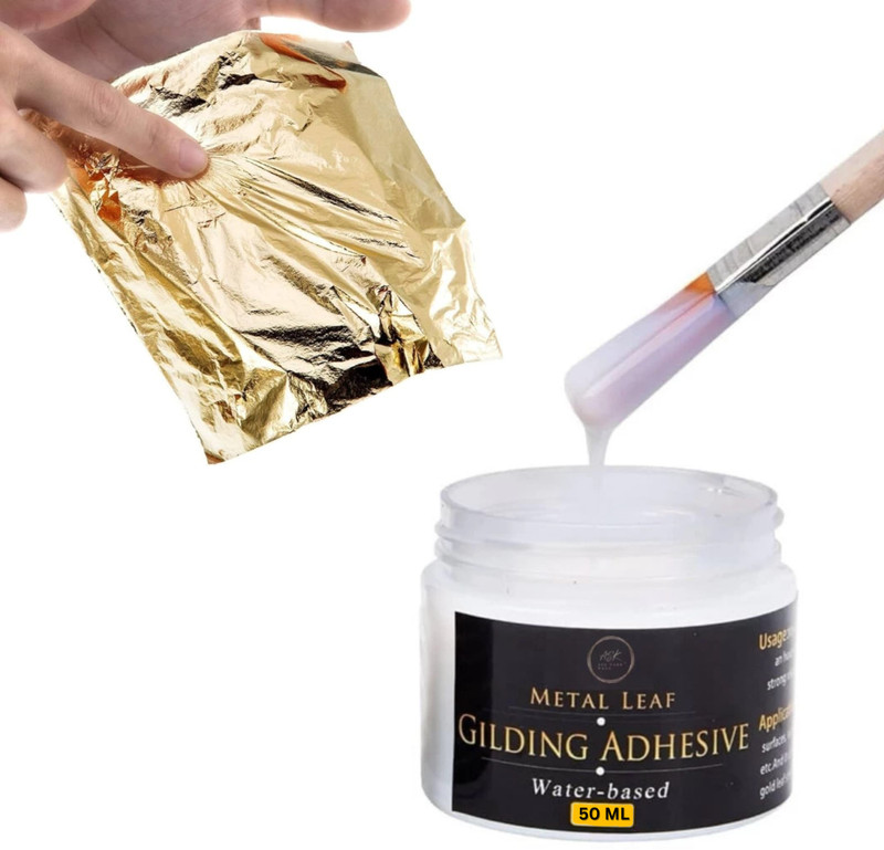 ask vark wala 8x8cm|100pc| Gold Foil Sheets + 50ml Adhesive Glue| for Arts Crafts Gilding Deco