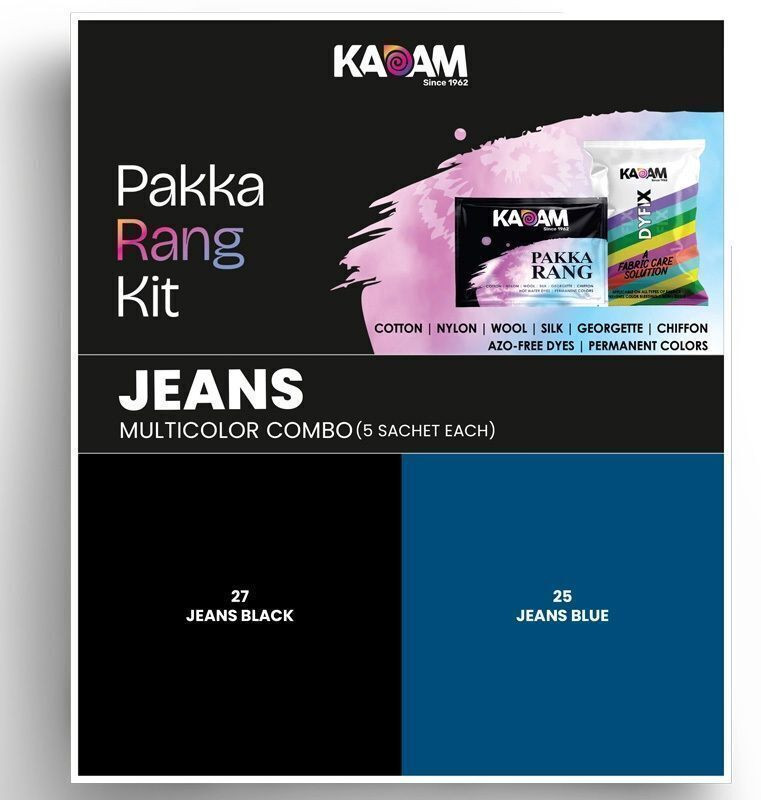 KADAM Pakka Rang Jeans Multicolor Fabric Dye Combo for Clothes + 5 DyFix Sachets