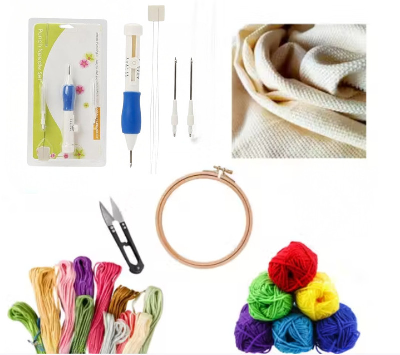 KHUSHA CREATIONS Premium Punch Needle Embroidery Starter Kit with Hoop,Threads,Cloth & Yarn