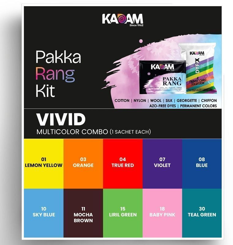 KADAM Pakka Rang Vivid Multicolor Fabric Dye Combo for Clothes + 5 DyFix Sachets