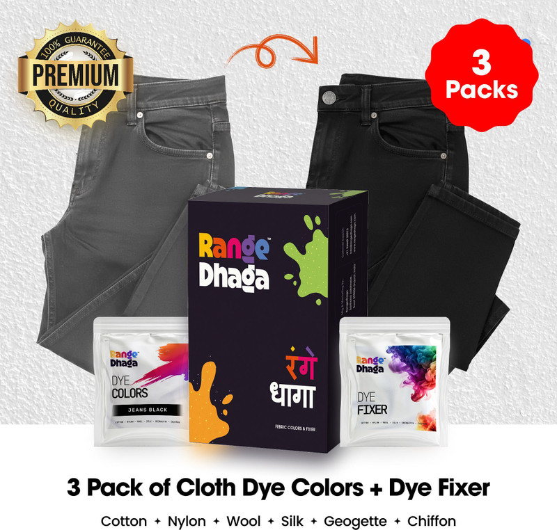 rangedhaga Fabric Dye, Shade Jeans Black, Pack of 3 Single Color Pouches