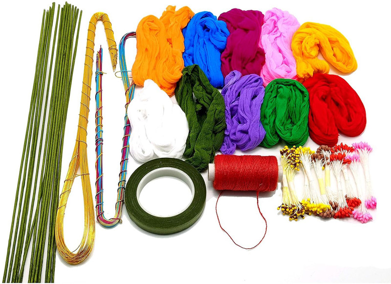 PRANSUNITA Flower Making DIY Kit - 10 Long Stockings, 18 Colour Wires Each,10 Pibs,1 Green-Tape, 12 Green -Wires (Golden)