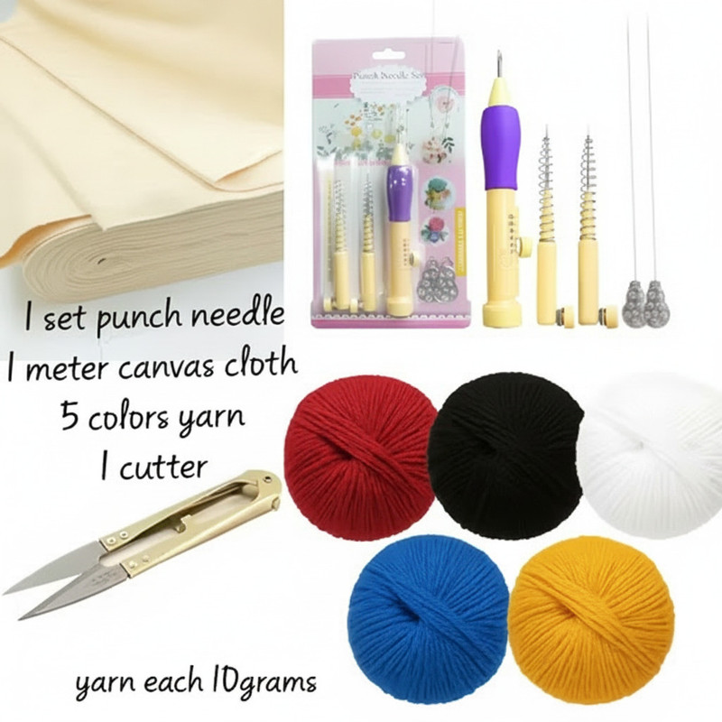 KHUSHA CREATIONS Punch Needle Embroidery Kit with Canvas Cloth, 5 Woollen Yarns & Cutter