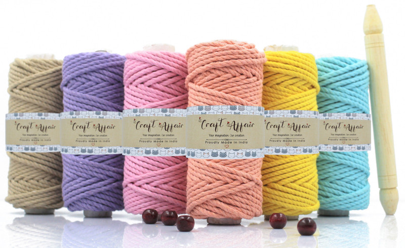Craft Affair | 3ply Twisted Oragnic Cotton Macrame thread (Each Color 10 Meter, 3mm) | Macrame Thread for Wall Hangers and DIY Projects | Pack of Five