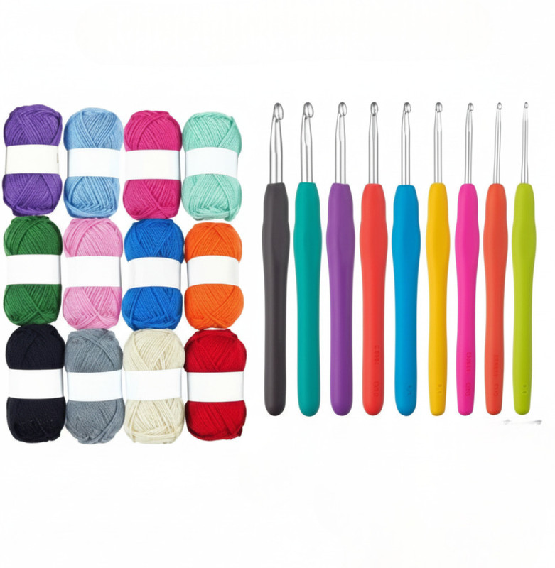 KHUSHA CREATIONS 12Pcs Wool Yarn Oon with 9 Crochet Hooks Set for Knitting & Craft DIY Projects