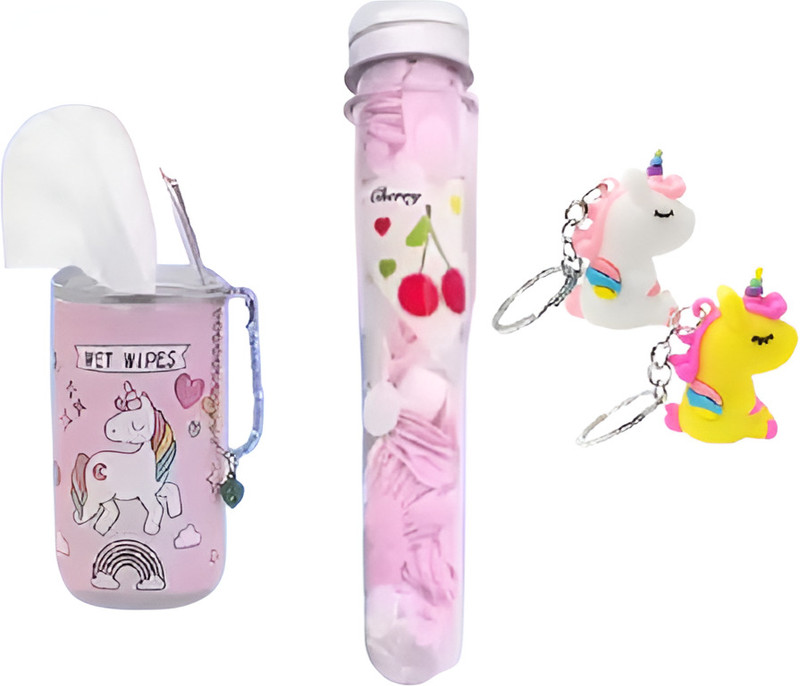 Eclet 4pc of combo tube paper soap,wet wipes ,2 unicorn keychain for kids gift set(499 g)