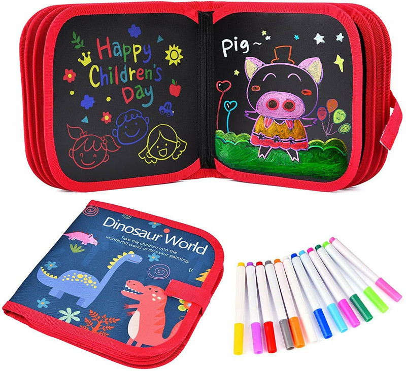 SPOT HUNT Erasable Doodle Books with 12 Watercolor Pens 14 Pages Drawing Pad (Dinosaur)(Multicolor)