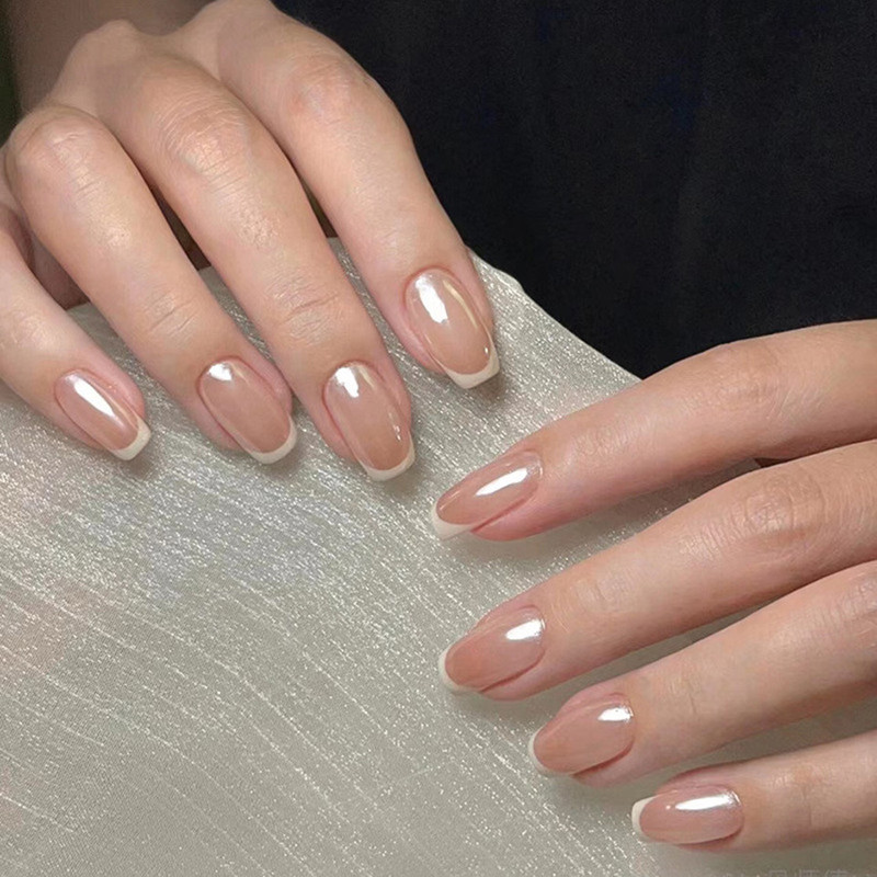 NAKHI 24 Reusable Artificial Nail Set | Base Peach colour with Flat White Tip Nails Peach(Pack of 24)