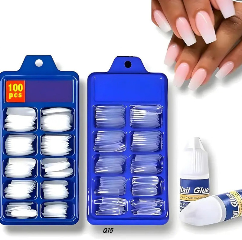 Morbee false Nails Set Of 100 Pcs White and 100 pcs Transparent With Nail 2 Glue Q15 multi(Pack of 200)