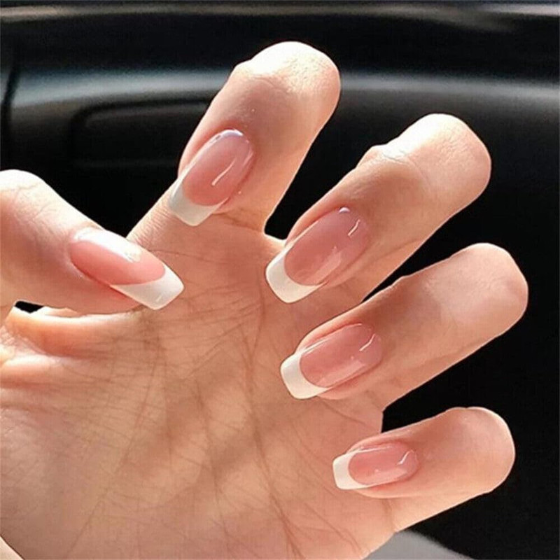 Beauzy Nude Pink French Tip Press On Nails Glossy Square Full Cover Nude(Pack of 24)
