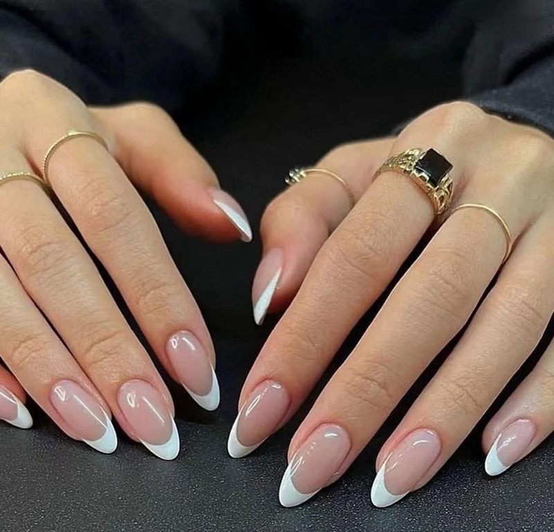 AMOK STORE Artificial Nails Almond Shape Press-On With White French Nail for Women & Girls Reusable Pre-Designed Perfect Decorative Bridal Fake Nails for Girls Silky Nude(Pack of 24)