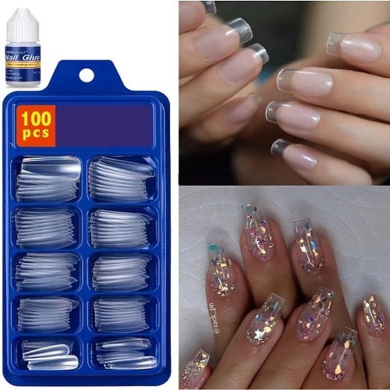 ROODILES Artificial Nails 100 Pcs & Glue – Fake Nails , Arcylic Nails Extension Transparent(Pack of 100)