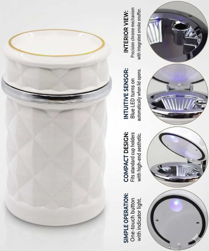 Oblivion Car Cupholder Ashtray With Lid & LED Light | Portable Cigar Ash Bucket | White Plastic Ashtray(Pack of 1)