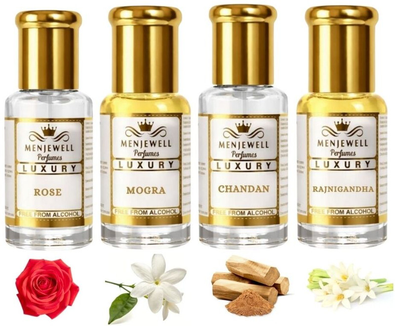 Menjewell Pack of 4Pc Attar (Rose Fresh 5ml, Chandan-E-Khaas 5ml,Royal Mogra 5ml,Rajnigandha (Night out) 5ml Natural Itra/Attar/ Perfume Floral Attar(Rose, Tuberose/Rajniganda, Floral, Mogra)