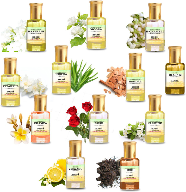 ZOOHI Pooja Attar for men and women 3ml (Pack of 12) Floral Attar(Chameli, Citrus, Floral, Fruity, Juhi, Kewda, Mogra, Musk, Natural, Rose, Champa, Woody)