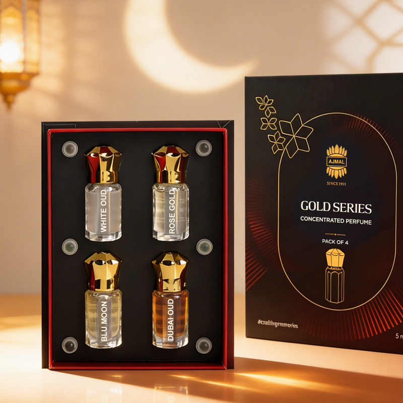 Ajmal Gold Series Concentrated Unisex Attar Perfume Gift Set for Men & Women Pack of 4 Floral Attar(Musk, Woody, Floral)