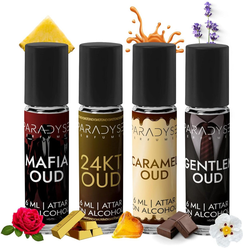paradyse perfumes Middle East Oud Attar | Set of 4 | 24ML| Long-Lasting & Natural, Alcohol Free Floral Attar(Agarwood, Amber, Oud (agarwood), Musk, Sandalwood, Woody, Natural)