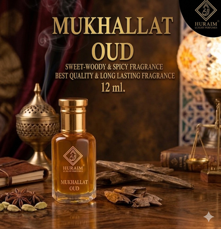 huraim MUKHALLAT OUD ATTAR (12 ml. ARABIC FRAGRANCE) Herbal Attar(Amber, Woody, Agarwood, Dehn el oud, Musk)