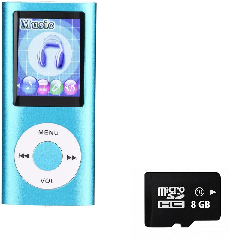 DRUMSTONE Portable MP3 Player with 8GB SD Card, 1.8" LCD Screen, Long Battery Life MP3 Player(Blue, 2 Display)