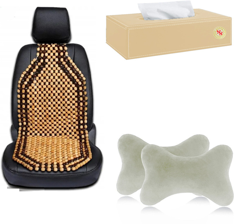 SS FOR YOUR SMART NEEDS Wooden Bead , Tissue Holder & Neck Rest for a Relaxing and Organized Drive-Beige Combo