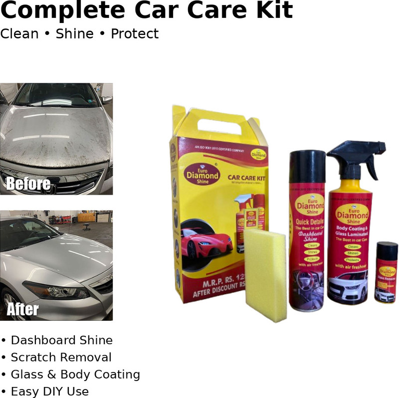 Euro Diamond Shine Dashboard Shiner, Scratch Remover, Body Coating / Glass Lamination, Sponge Combo