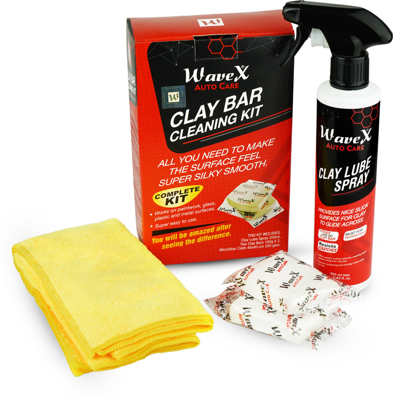 Wavex 2 Pcs Clay Bars (100grm Each), 1 Clay Lube Spray 350ml, 1 Microfiber Cloth 40x40cm 350GSM, 1 Clay Storage Container Combo
