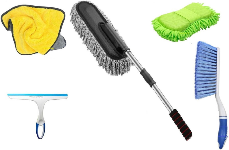 Winberg Car duster, Glass Wiper, Car Cleaning Sponge, 1 Microfiber Towel 600 GSM, Carpet Brush Combo