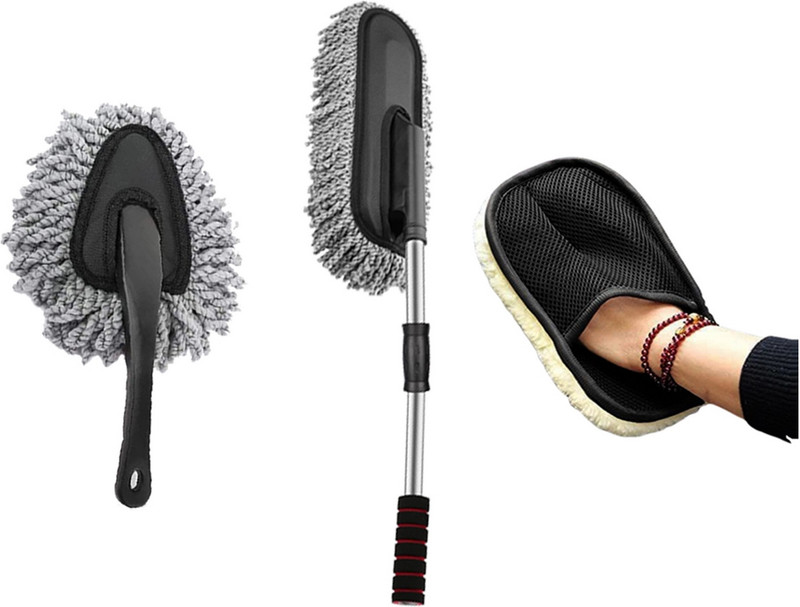 SRBKfashion 3 Pcs Combo Of Microfiber Extended Big Duster, Car Wash Gloves, Small Duster Combo