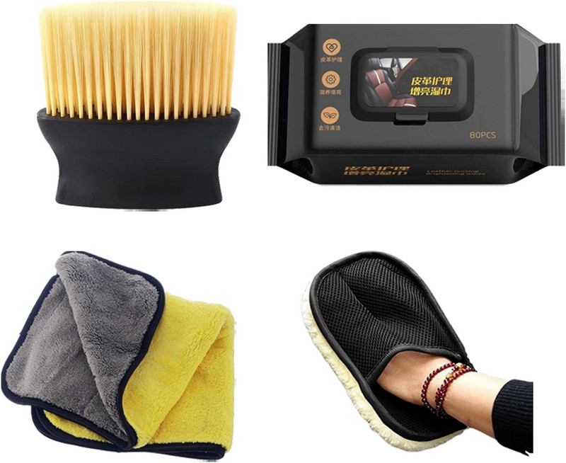 SRBKfashion 4 Pcs Combo Of Dashboard Cleaning Big Brush, Gloves, Microfiber Towel, Wipes Combo
