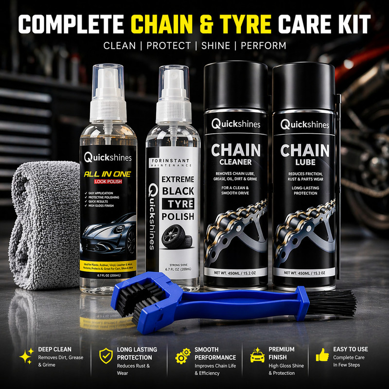 quickshine All In One Car Polish Tyre Shine and Chain Maintenance Kit Combo