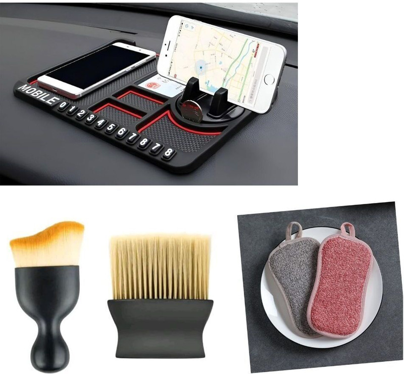 khushmogalhub 1 Dashboard Mat, 2 Cleaning Brushes, 2 Microfiber Sponges Combo