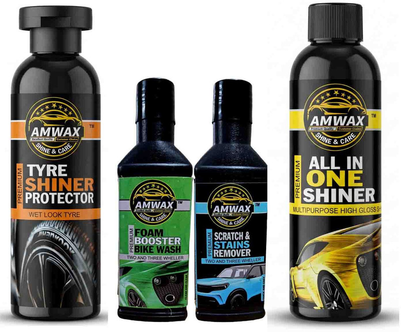 amwax Tyre Shiner 120 ML, Wash and Wax 50 Ml, Scratch Remover 50 Ml, Dashboard Polish Pouch 10 Ml x 2 Pc., 2 pc Sponge, All In One Polish 120 ML Combo