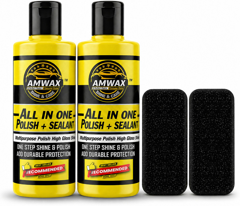amwax All In One Polish And Sealant 500 ml, Tyre Shine Glossy 500 ml, 2 Applicator Combo