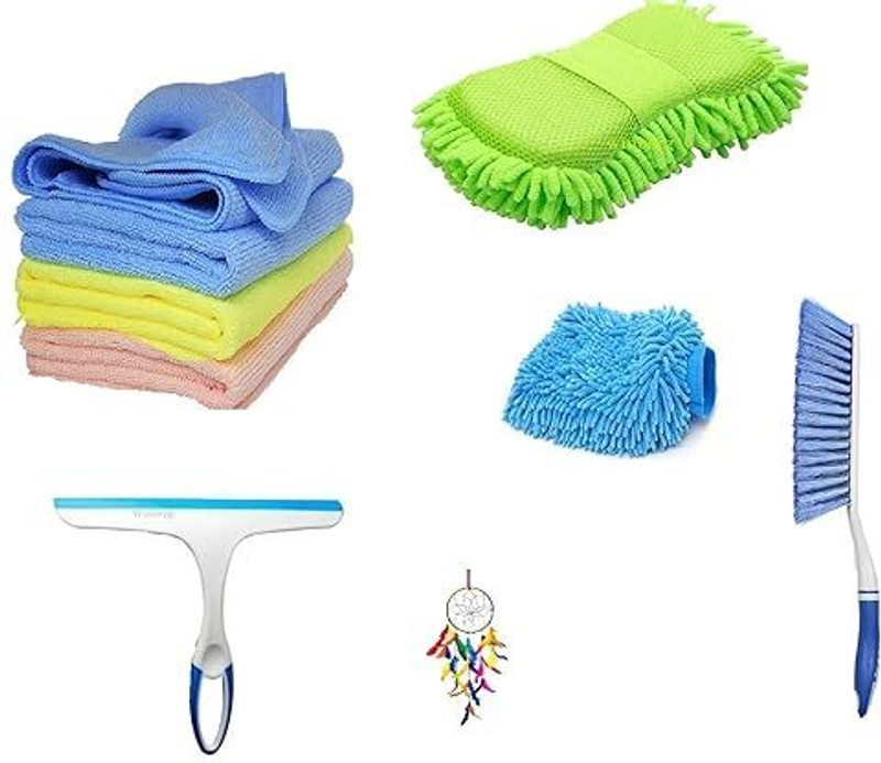 Clivemont Pack 6 Microfiber Towel 3 pcs 1 Carpet Brush 1 Washing Scurb Microfibre Gloves Combo