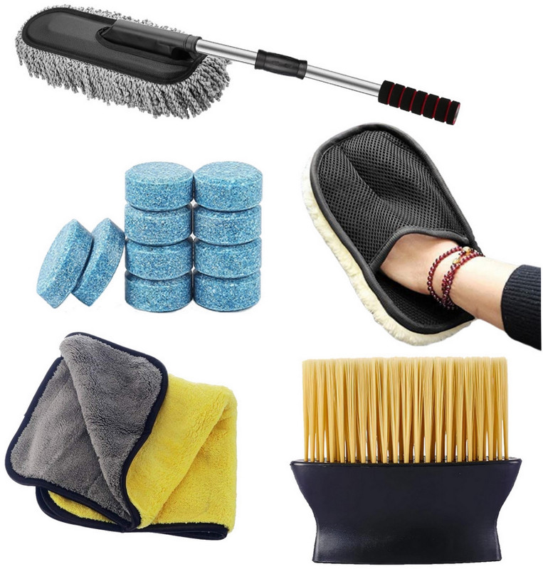 ORIDOR 5 Pcs Combo Of Big Brush,Extended Big Duster, Cleaning Tablet, Gloves, Towel Combo