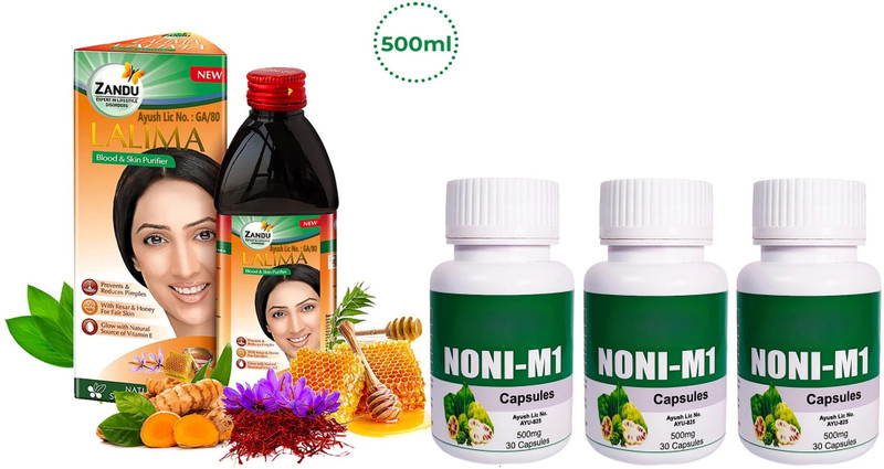 ZANDU Lalima Blood and Skin Purifier Syrup (500ml) With NONI-M1 (3x30 Capsules)(Pack of 4, 500 ml, 90 Capsules)