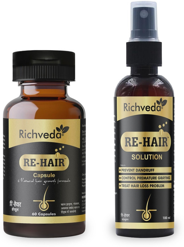 Richveda Re-Hair Ayurvedic Combo – Hair Fall Control Capsules & Scalp Solution(Pack of 2, 60 Capsules, 100 ml)