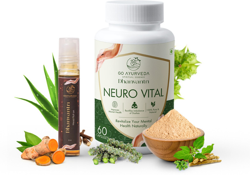 Go Ayurveda Dhanvantri Neuro Vital Capsule For Mental Health, Stability & Head Pain Relief Roll On(Pack of 2, 60 Capsules, 9 ml)