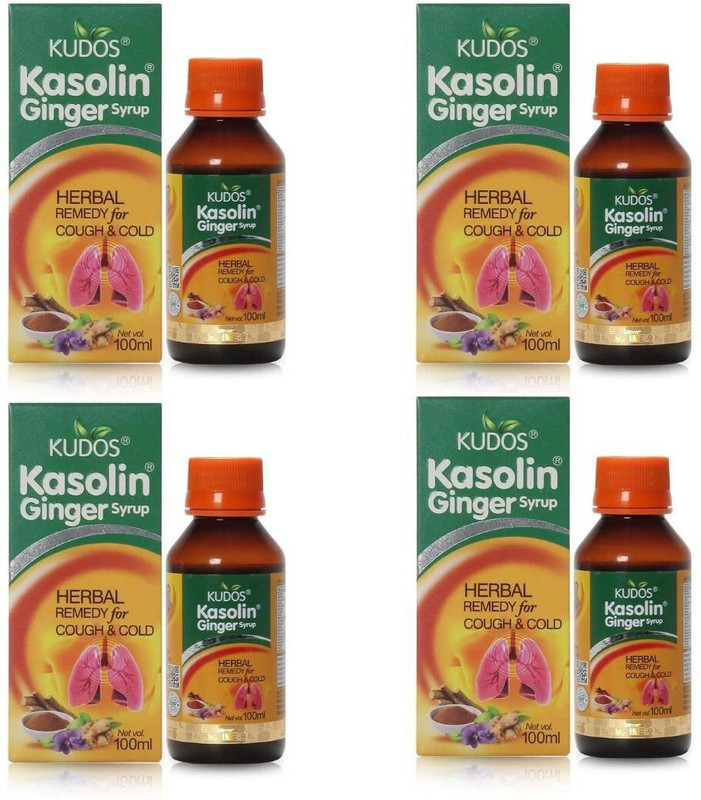KUDOS Kasolin Ginger Syrup 100 ml (Pack of 4) | Ayurvedic Medicine for Cough & Sore Throat Relief(Pack of 4, 400 ml)