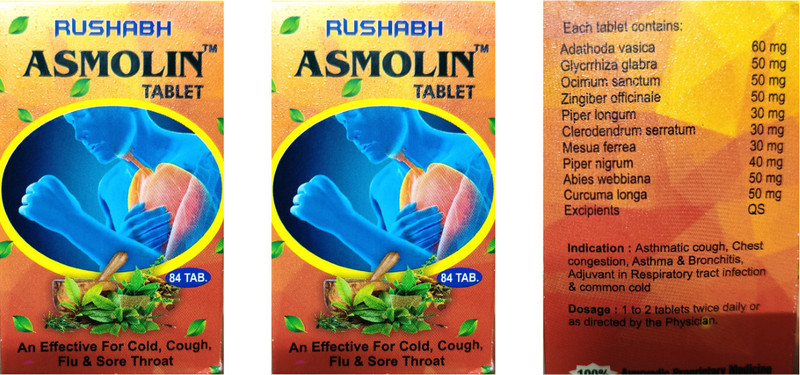 Rushabh ASMOLIN TABLET-84TAB. For Asthmatic Cough,Chest Congestion,Asthma & Common Cold(84 Tablets)